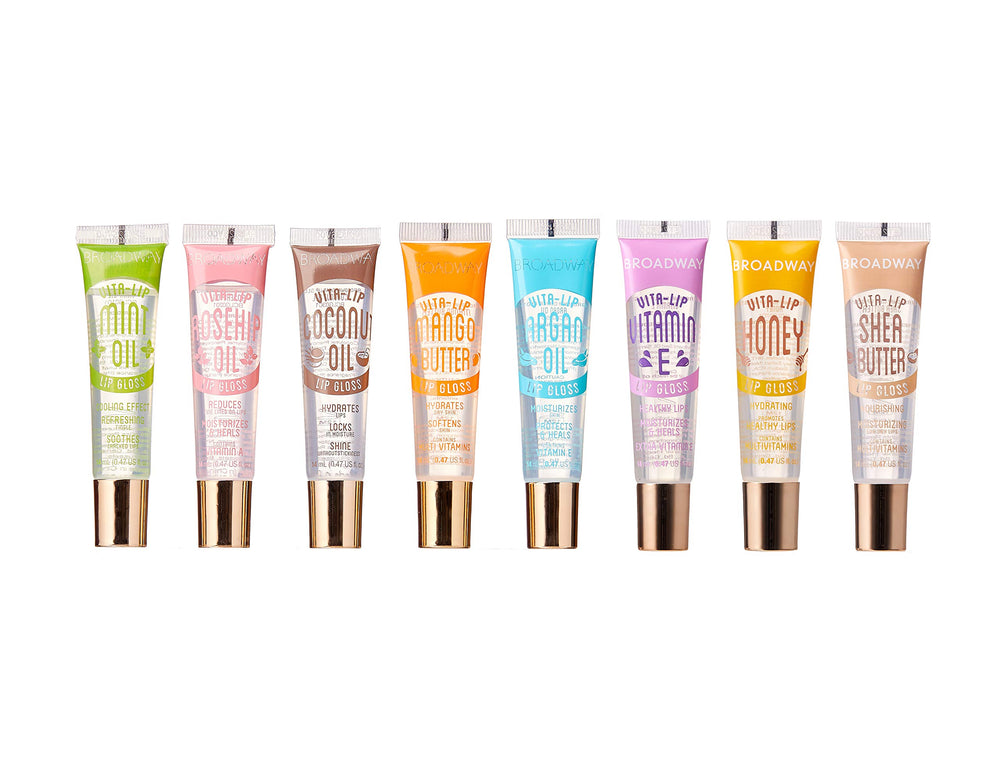 Ruby Kisses front packaging showing eight clear gloss tubes, perfect for backups
