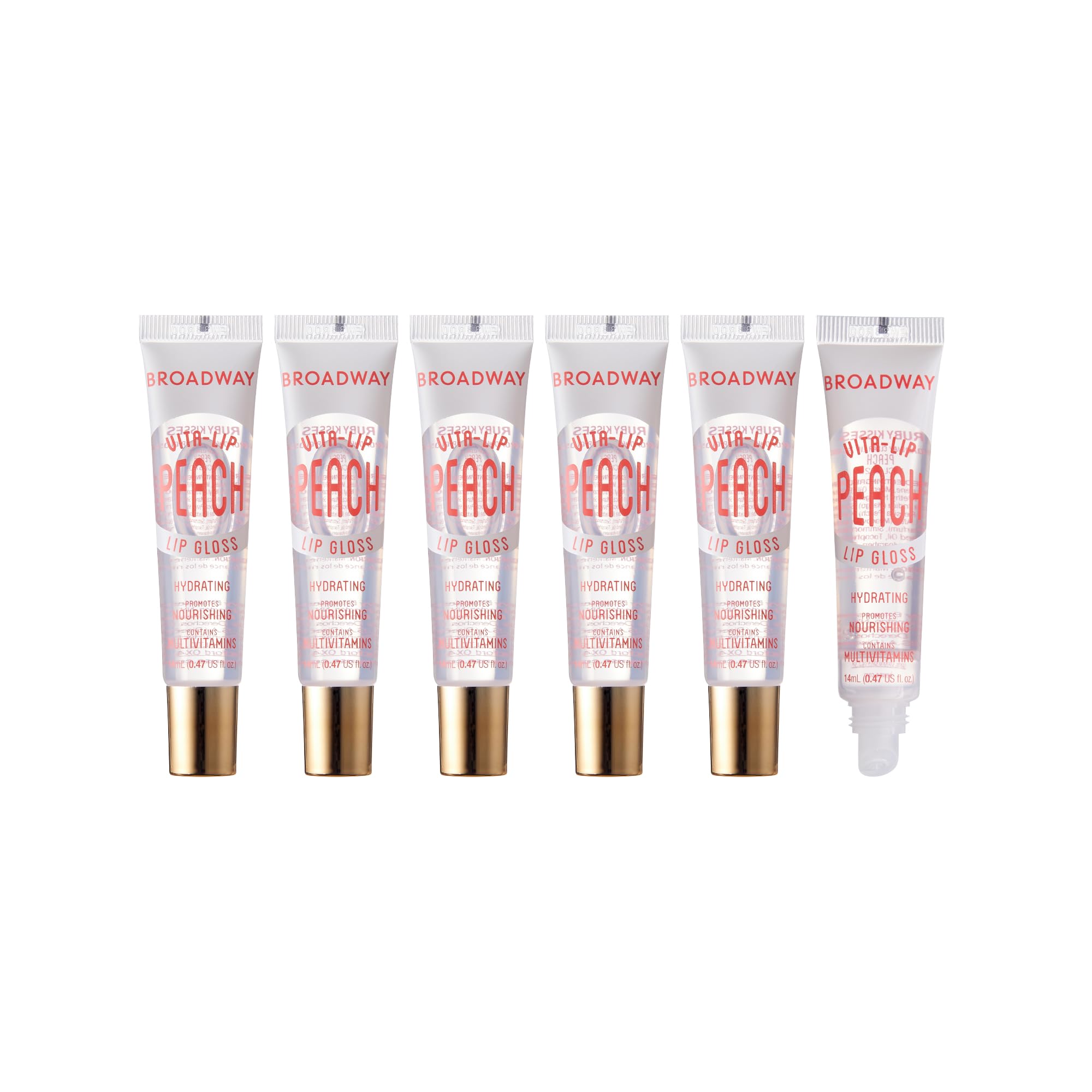 Ruby Kisses front packaging showing six-pack glosses and bright peach appeal