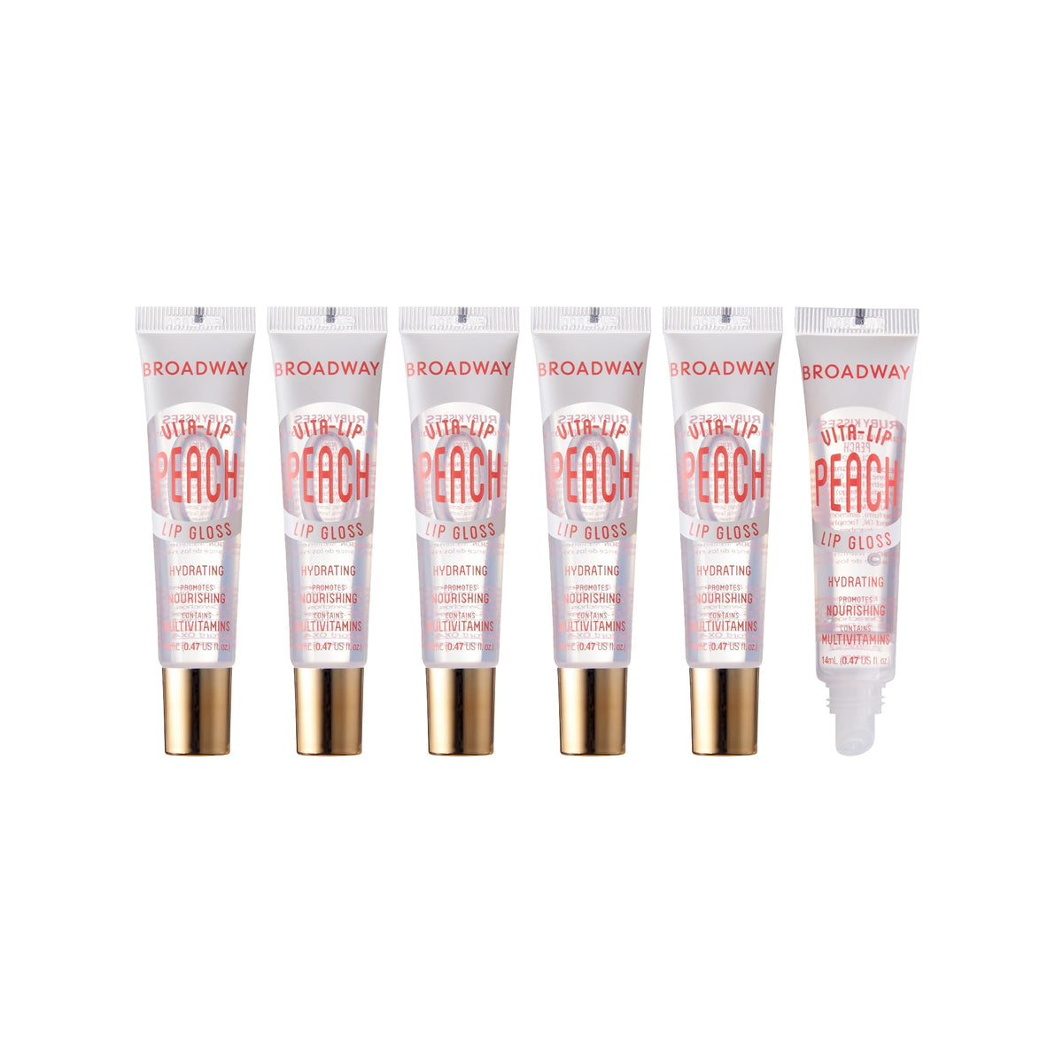Ruby Kisses front packaging showing six-pack glosses and bright peach appeal