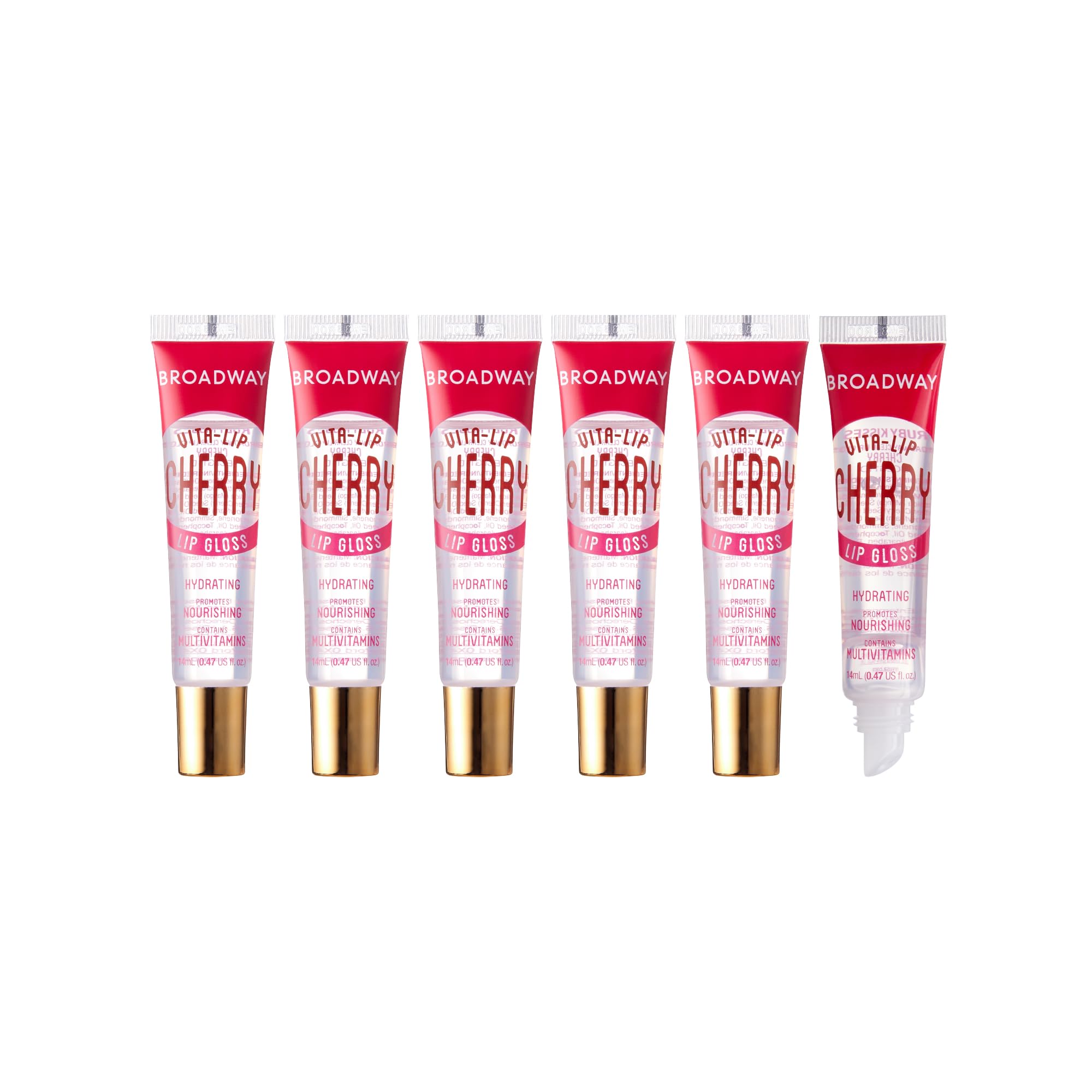 Ruby Kisses front packaging showing six Cherry clear glosses and value set benefit