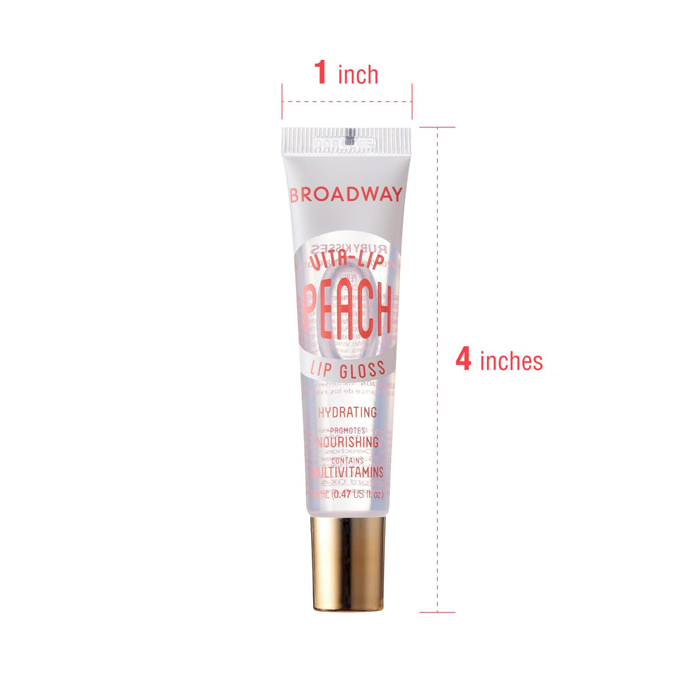 Ruby Kisses gloss applied on lips showing sheer peach shine and moisturized look