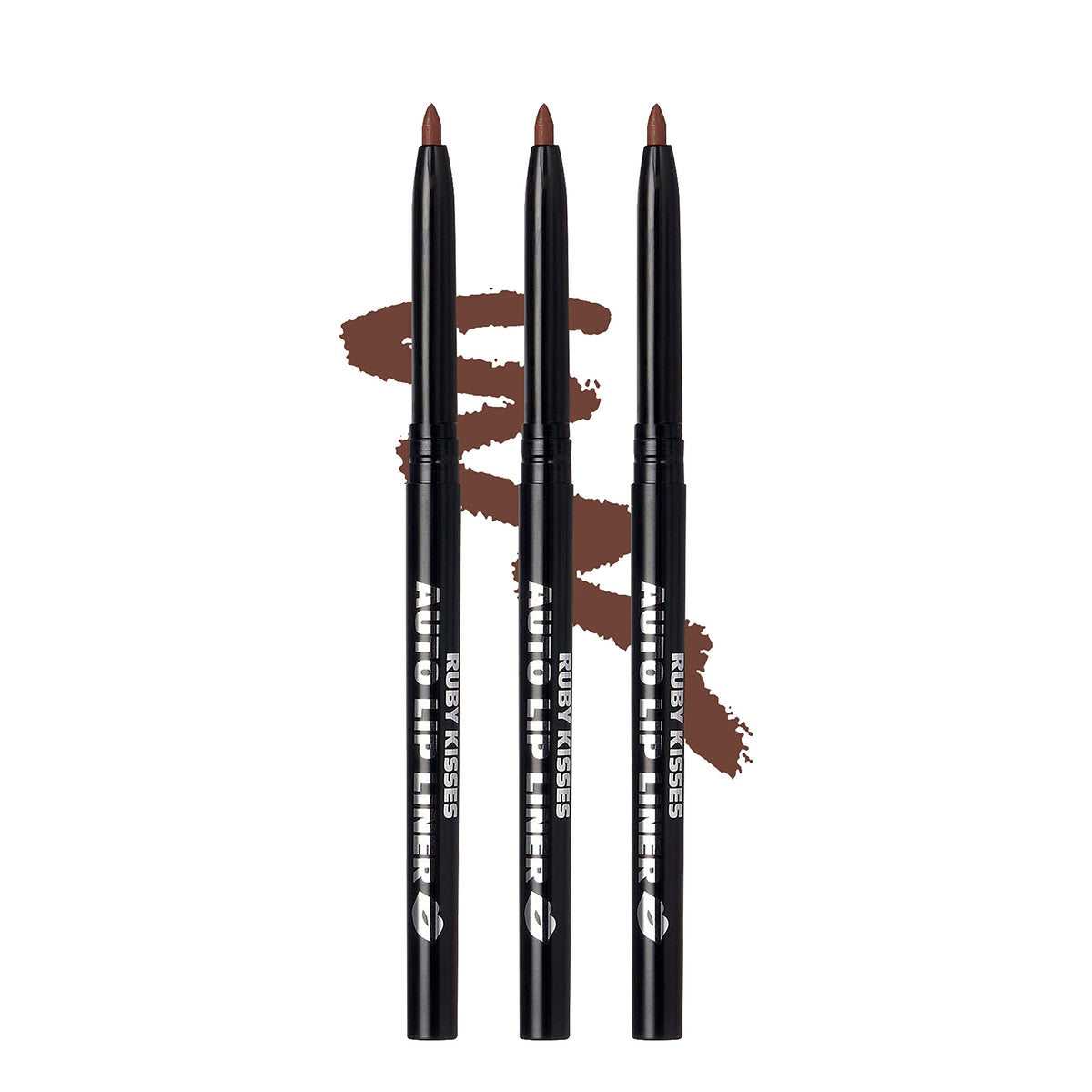 Ruby Kisses front packaging shows three brown liners and easy selection benefit