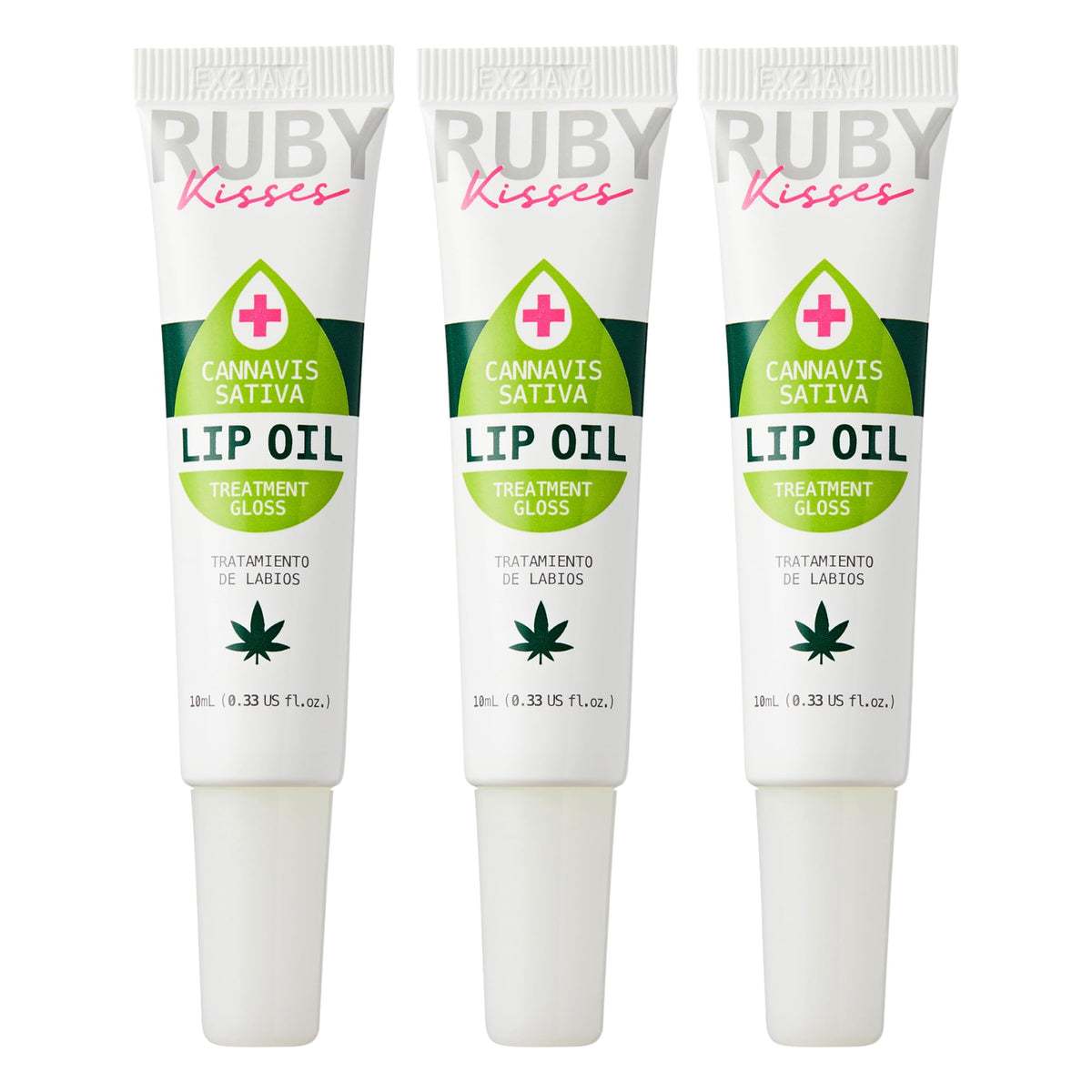Ruby Kisses front packaging showing hydrating lip oil for daily shine and moisture