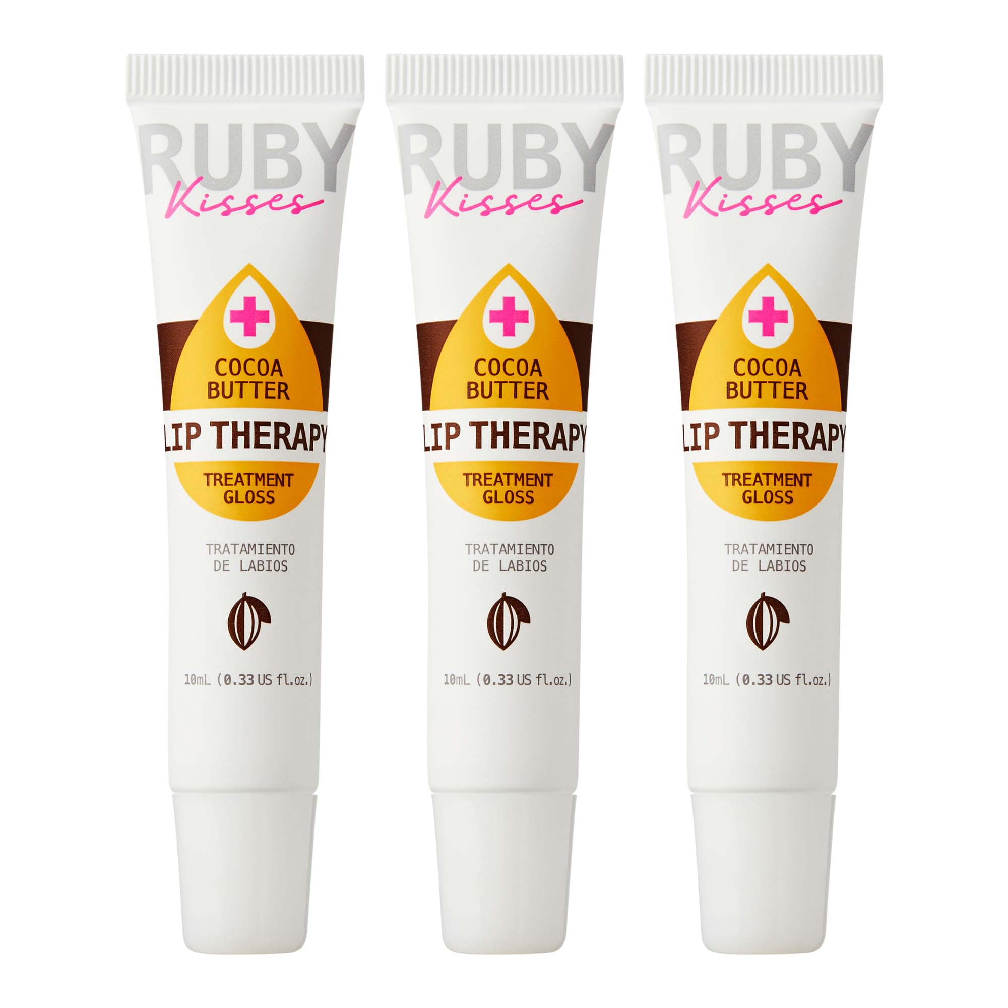 Ruby Kisses front packaging showing three clear lip oil tubes and benefits