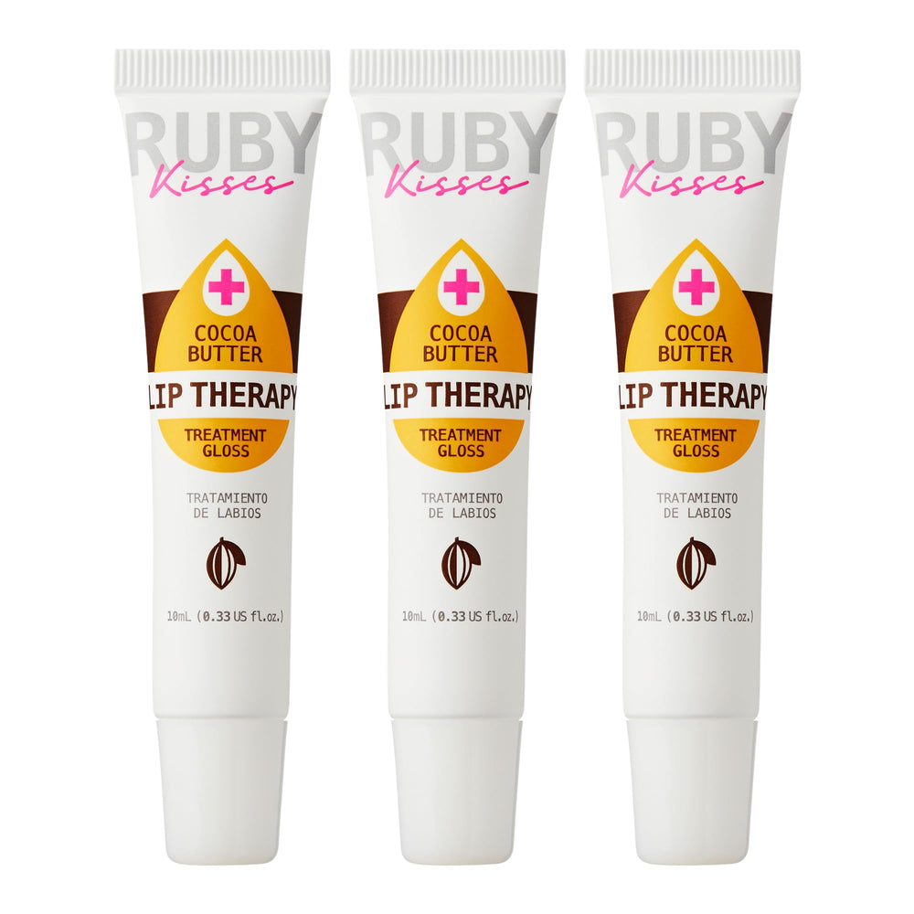 Ruby Kisses front packaging showing three clear lip oil tubes and benefits