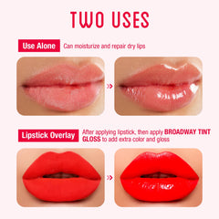 Ruby Kisses grape seed gloss on lips showing deeper tint and fuller look