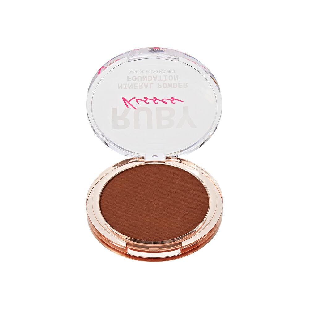 Ruby Kisses compact open showing pressed powder pan for quick touch-ups