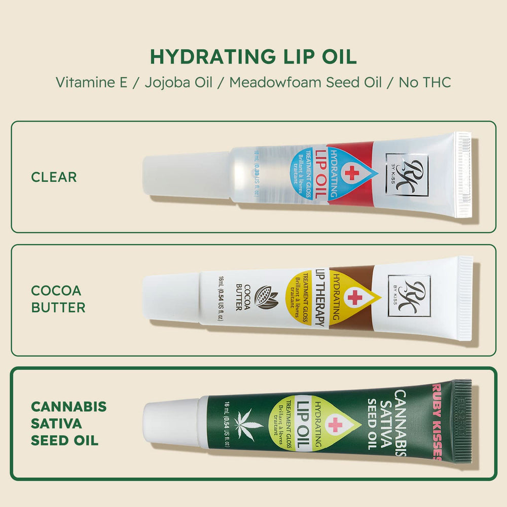 Ruby Kisses ingredient label closeup listing hemp seed oil and cocoa butter benefits
