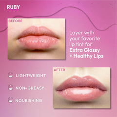 Ruby Kisses oil texture on fingers demonstrating moisturizing, non-greasy feel