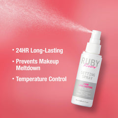 ruby kisses model spraying face illustrating refreshed dewy finish benefit
