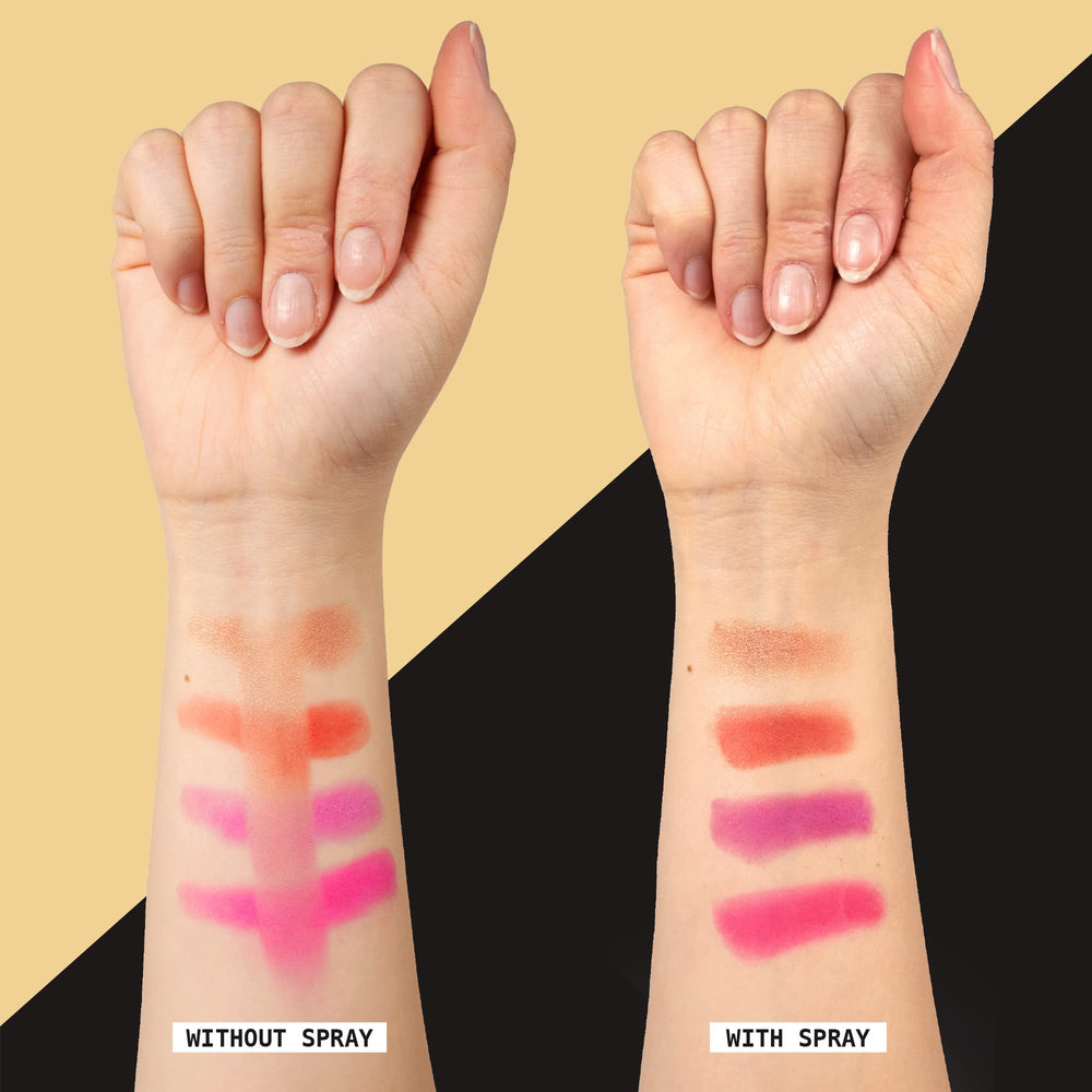 Ruby Kisses handheld application spraying on face for long-wear makeup
