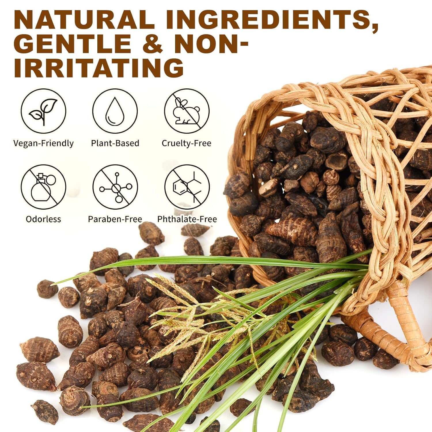 Rulviou bottle with Cyperus rotundus seeds emphasizing natural origin