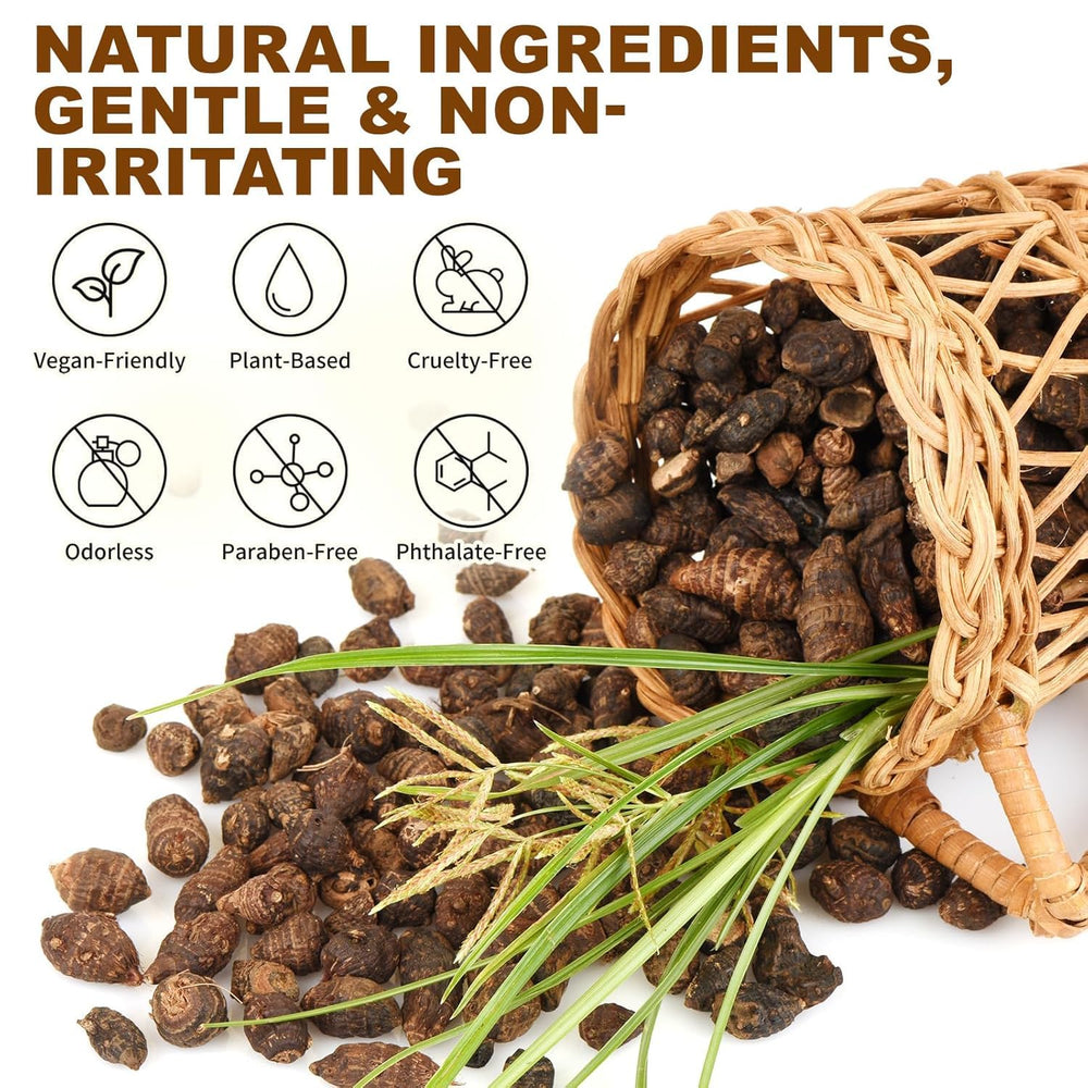 Rulviou bottle with Cyperus rotundus seeds emphasizing natural origin