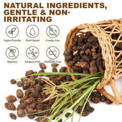Rulviou bottle with Cyperus rotundus seeds emphasizing natural origin