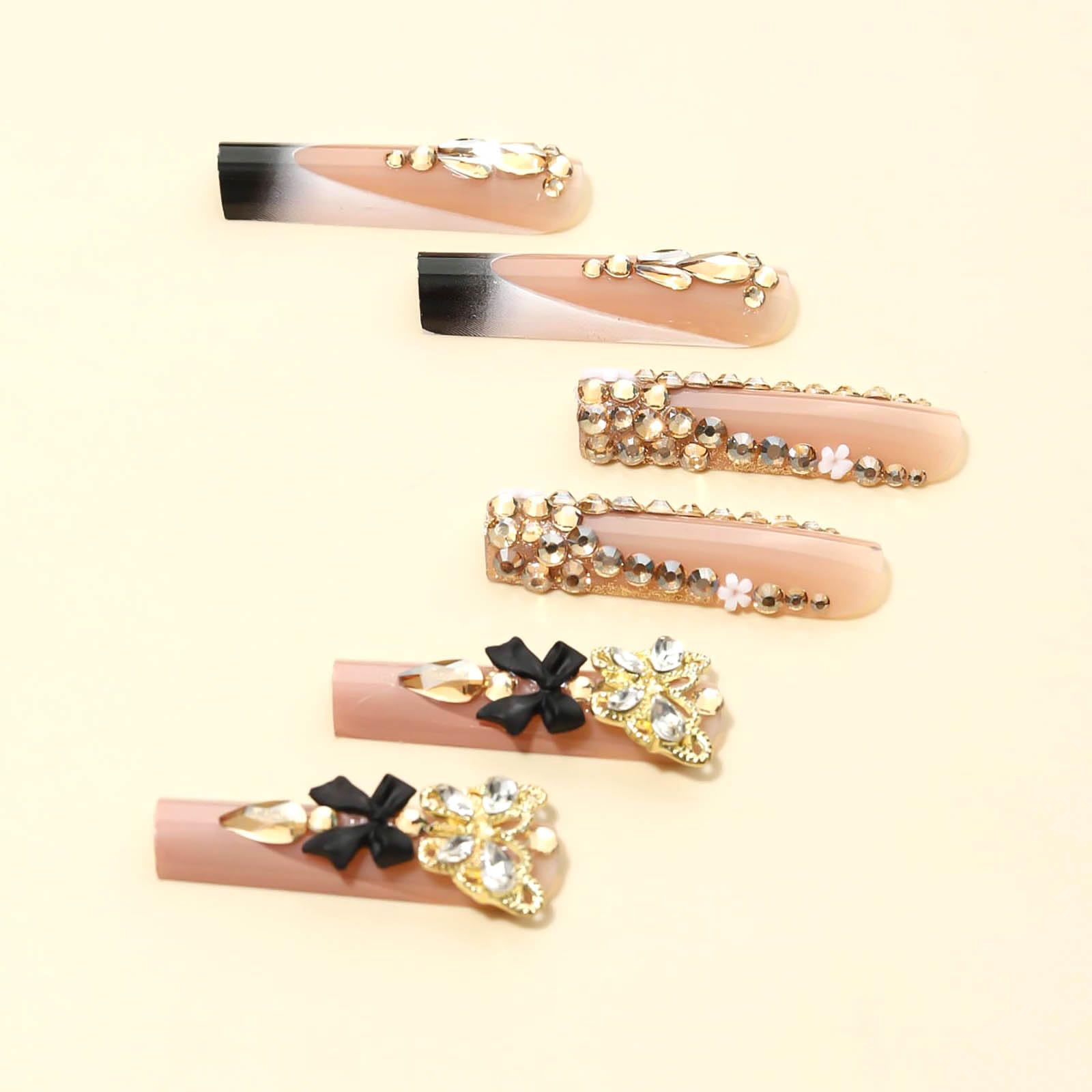 RUOKEXIN close-up of gold 3D butterfly and bow detail, shows luxury finish