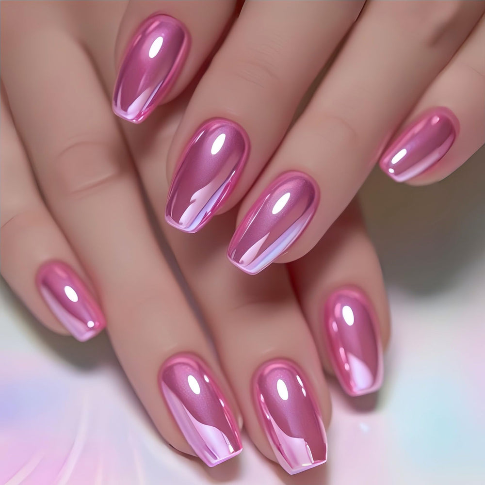 RUOKEXIN front packaging showing 24pcs pink chrome nails and benefit of ready-to-wear look