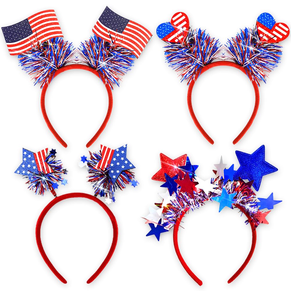 RUPOFUZA front view of four patriotic headbands showing bright red white blue sparkle