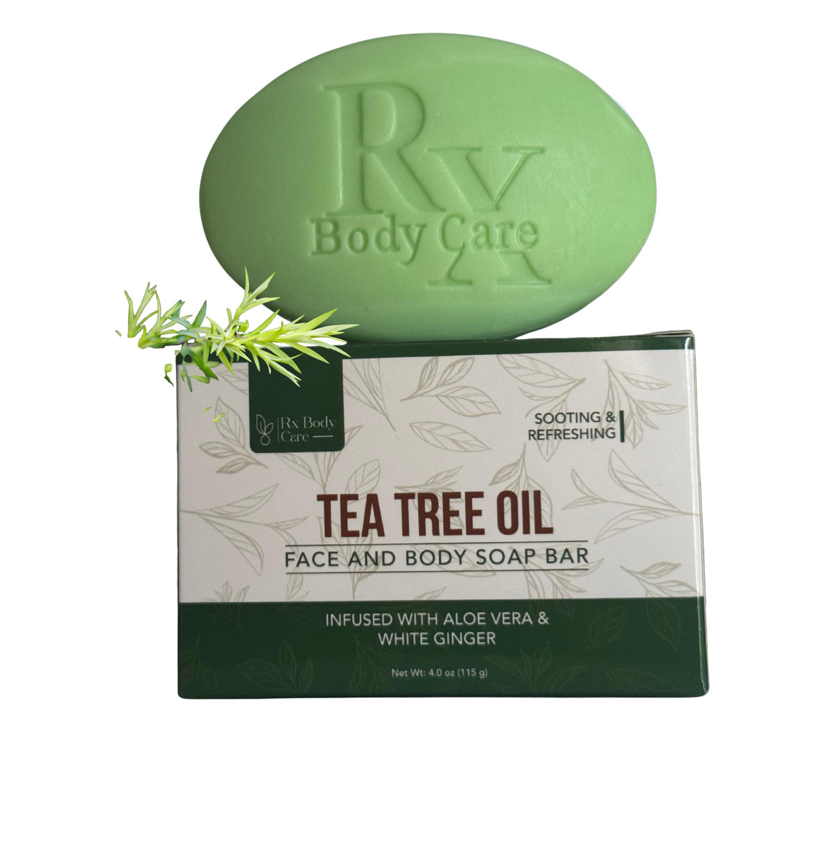 RX Body Care front packaging showing the tea tree soap benefit of clear labeling