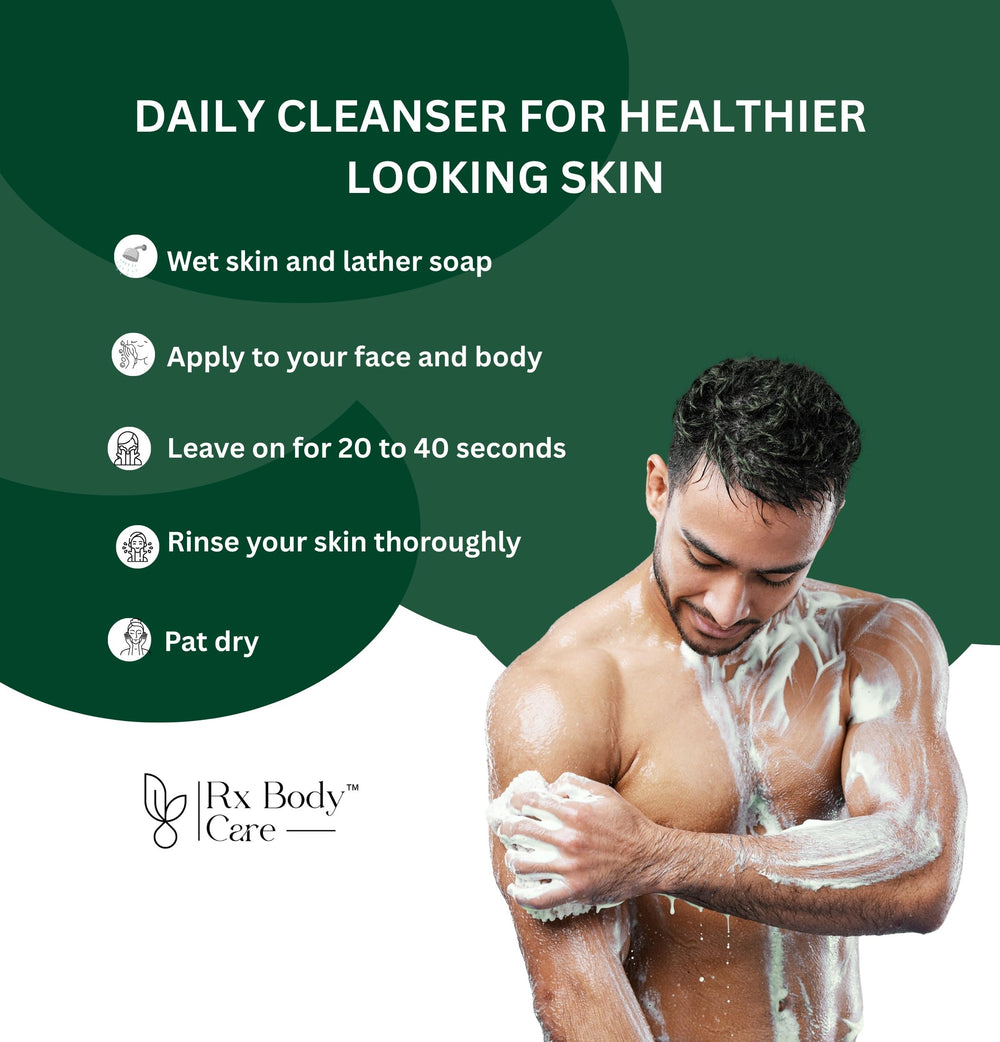 RX Body Care label detail highlighting ingredient blend like tea tree and aloe