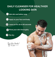 RX Body Care label detail highlighting ingredient blend like tea tree and aloe