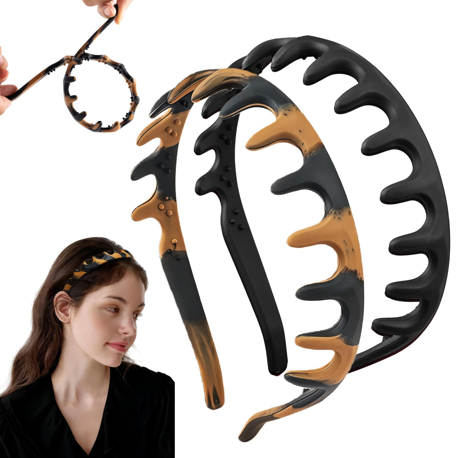 rytopt front view showing matte black and amber headbands and benefits of versatile styling
