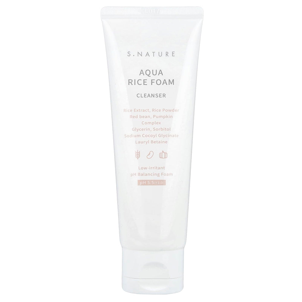 S.NATURE front packaging of Aqua Rice Foam Cleanser showing product and size, promoting gentle cleansing