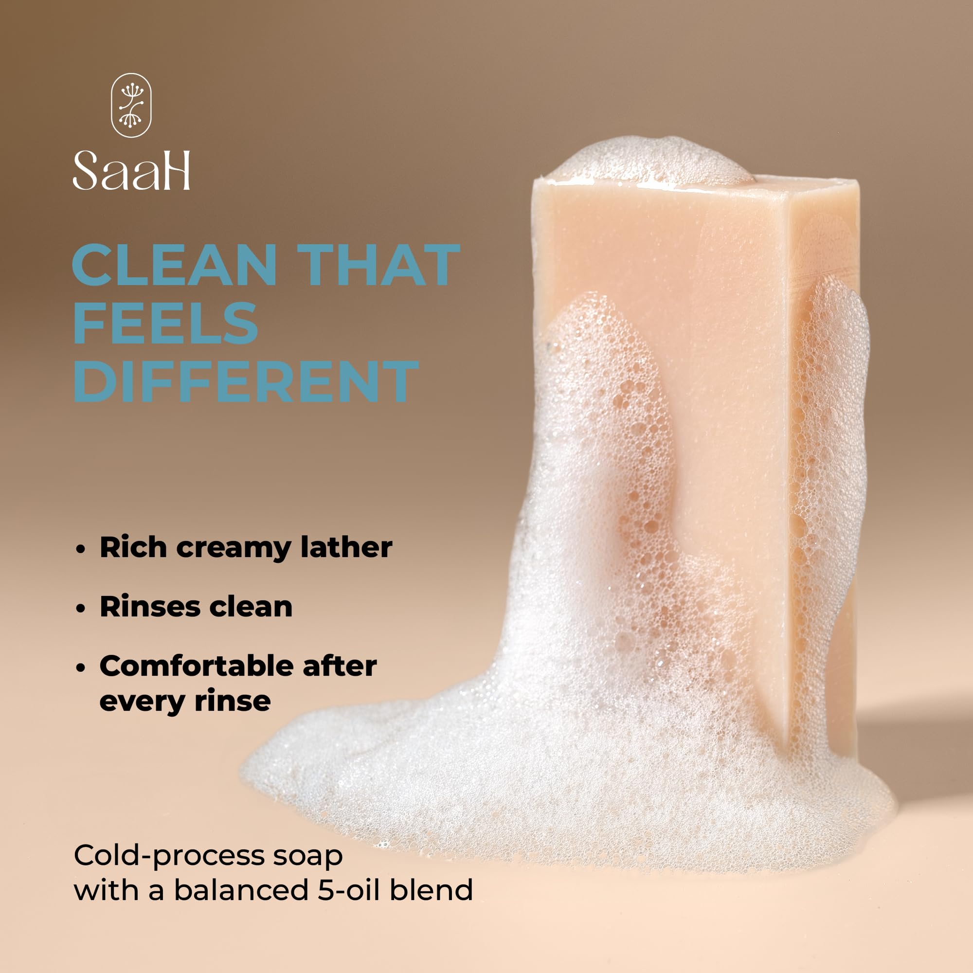 SAAH lather closeup demonstrating creamy foam and moisturizing cleansing action