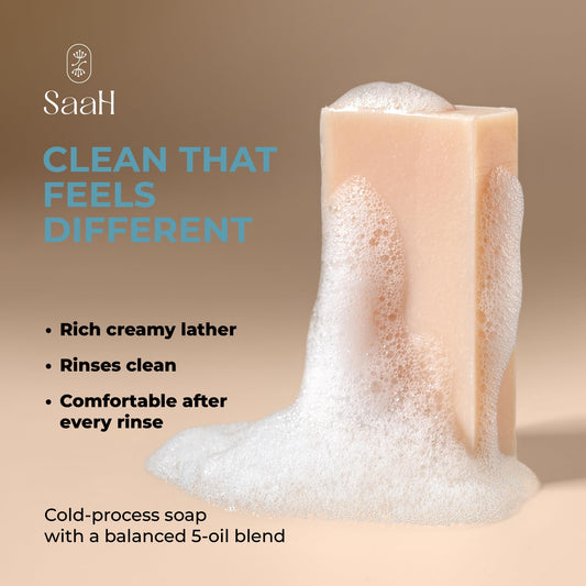 SAAH lather closeup demonstrating creamy foam and moisturizing cleansing action