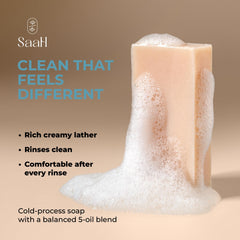SAAH lather closeup demonstrating creamy foam and moisturizing cleansing action