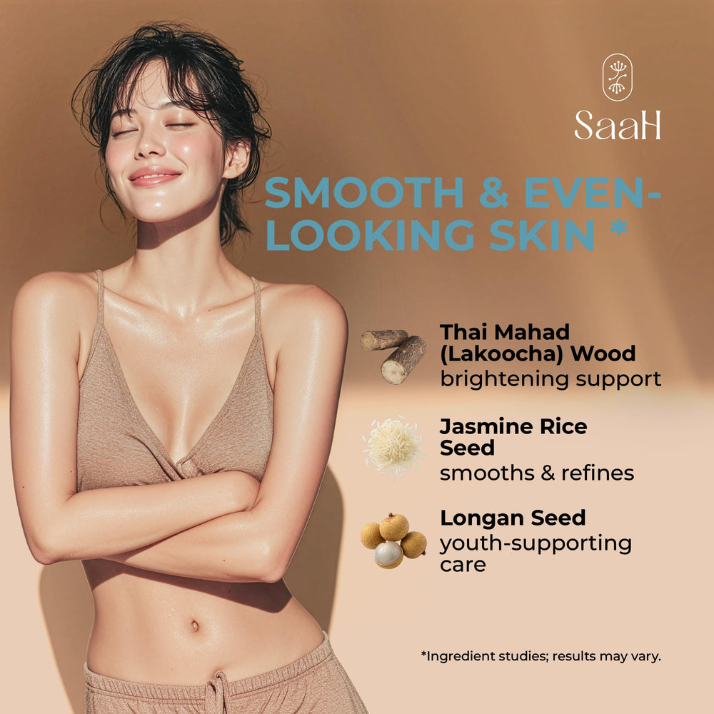 SAAH Hom Mali rice and Lakoocha botanicals arranged to show natural antioxidant support