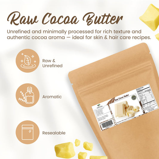 SAAQIN close-up of raw cocoa butter chunks, showing rich texture for formulations