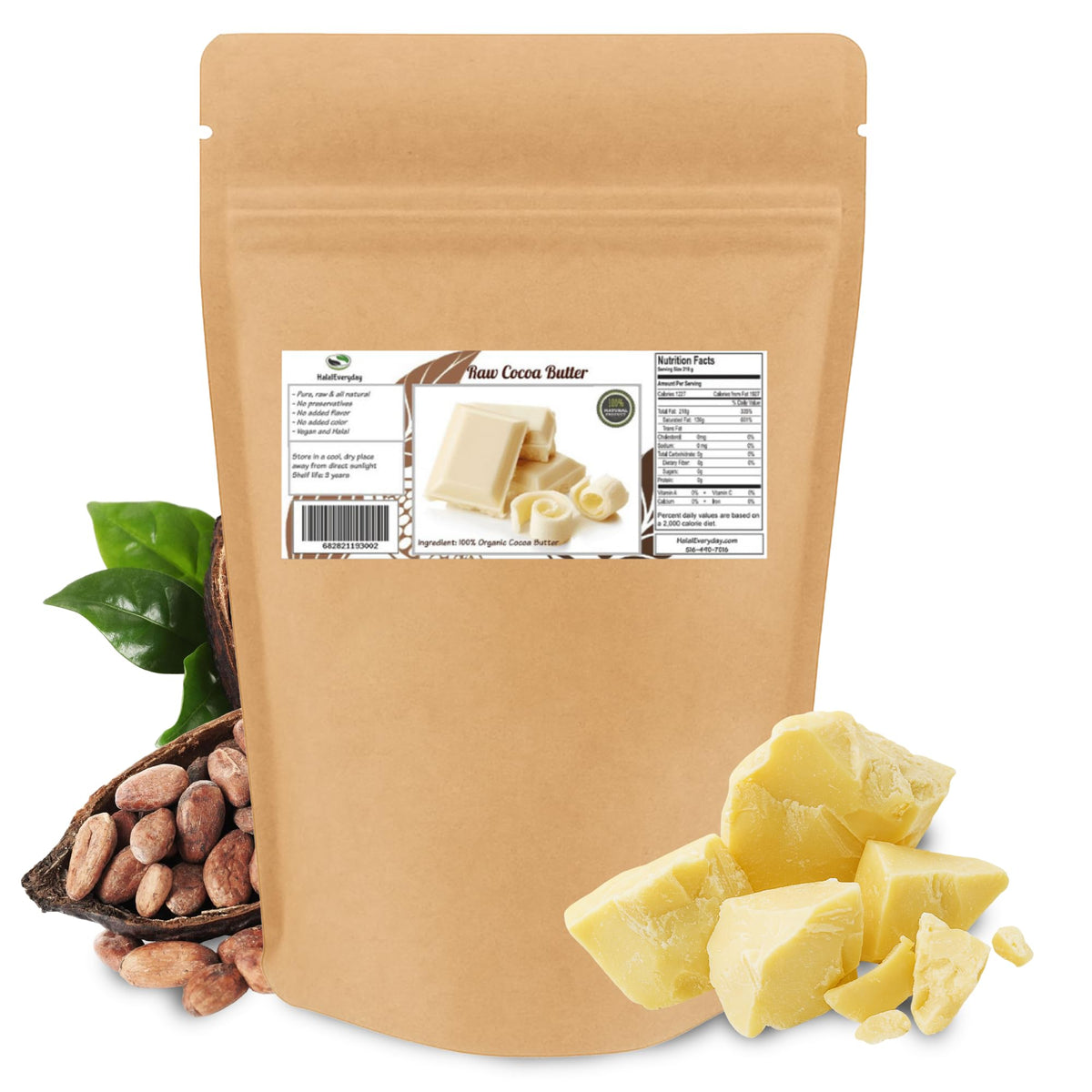 SAAQIN front packaging resealable bag showing 2 lb cocoa butter, easy storage benefit