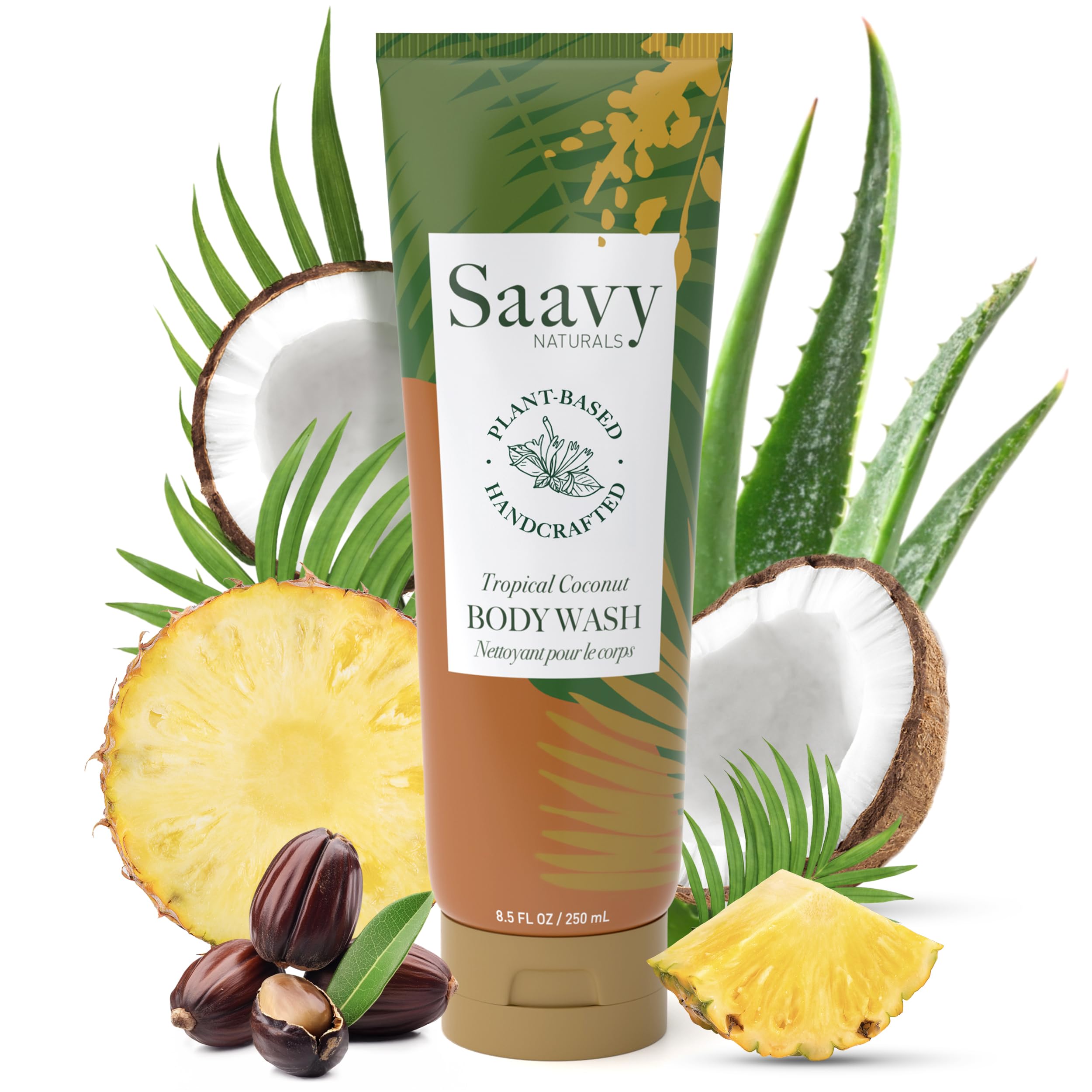 Saavy Naturals front bottle showing tropical coconut scent and gentle hydration