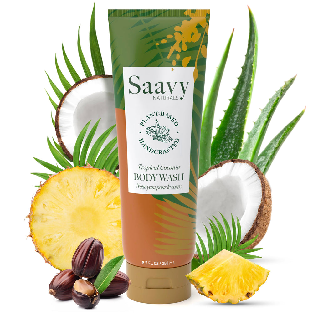 Saavy Naturals front bottle showing tropical coconut scent and gentle hydration