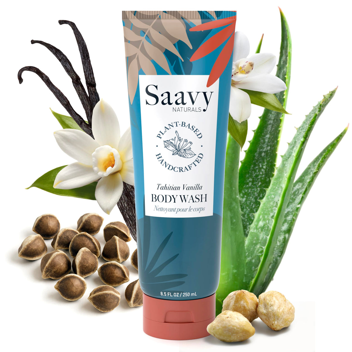 Saavy Naturals front packaging showing Tahitian vanilla and plant-based benefits