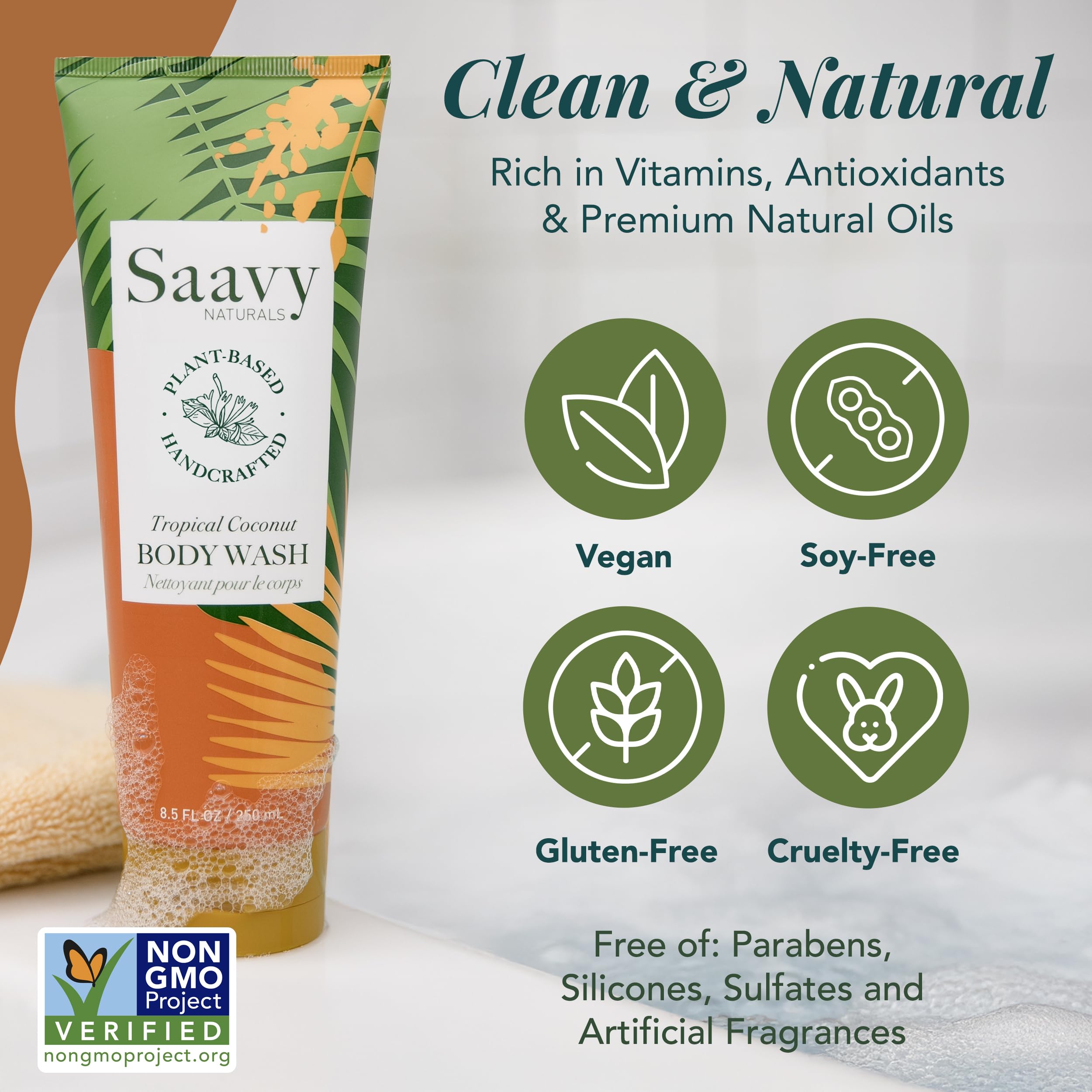 Saavy Naturals used with loofah in shower to soothe and hydrate skin
