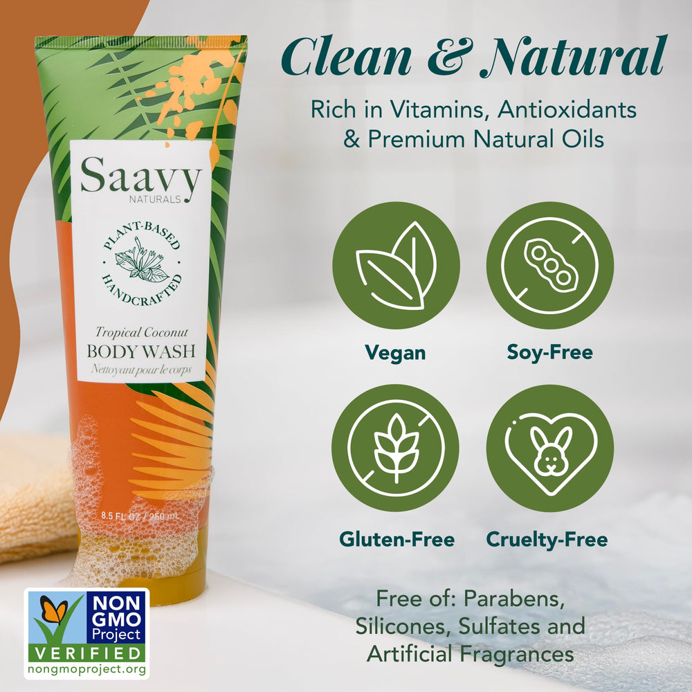 Saavy Naturals used with loofah in shower to soothe and hydrate skin