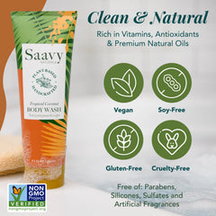 Saavy Naturals used with loofah in shower to soothe and hydrate skin