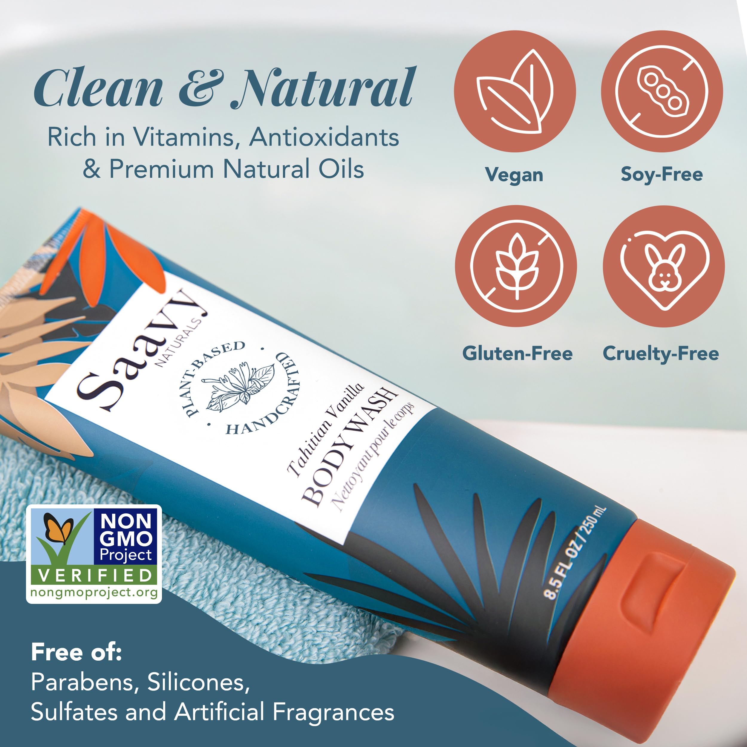 Saavy Naturals in use in shower showing calming scent and soft skin