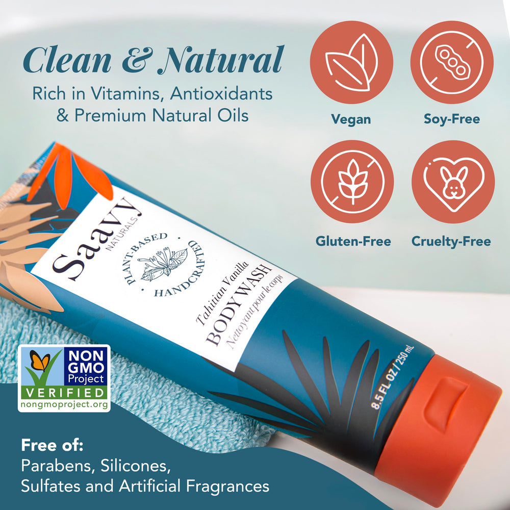 Saavy Naturals in use in shower showing calming scent and soft skin
