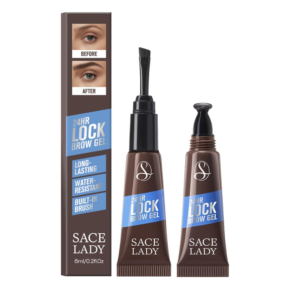 SACE LADY front packaging showing brown brow gel and compact tube for easy portability