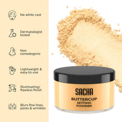 Sacha Cosmetics powder being applied with puff showing oil-control and matte finish benefit