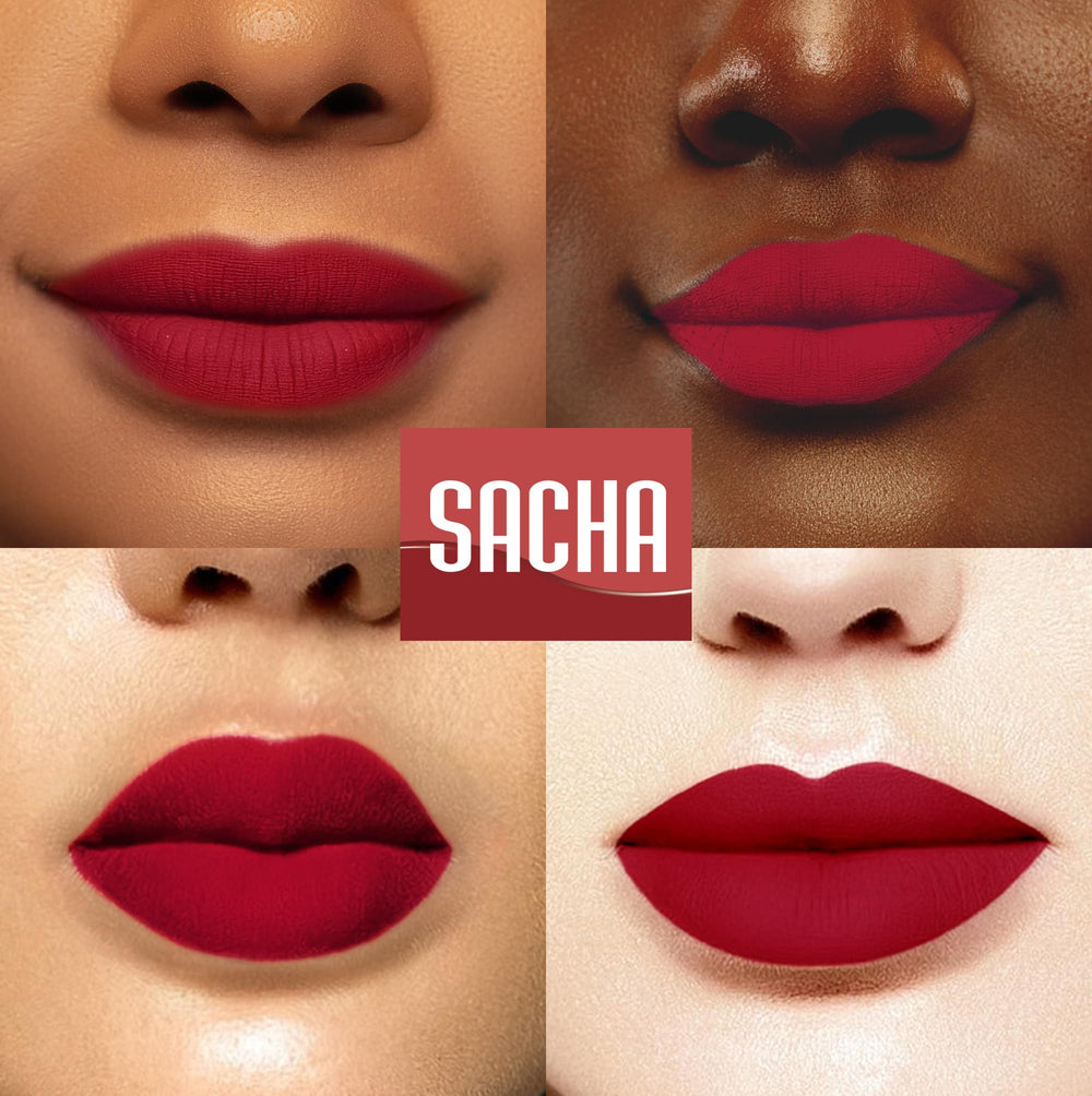 Sacha Cosmetics Hello Boys lip swatch on hand illustrating true color and long-wear payoff