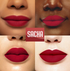 Sacha Cosmetics Hello Boys lip swatch on hand illustrating true color and long-wear payoff