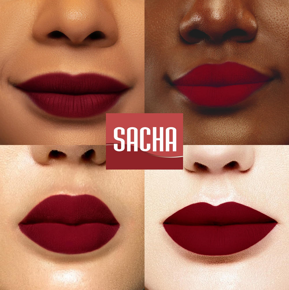 Sacha Cosmetics lip swatch on model showing velvet matte finish and smooth coverage