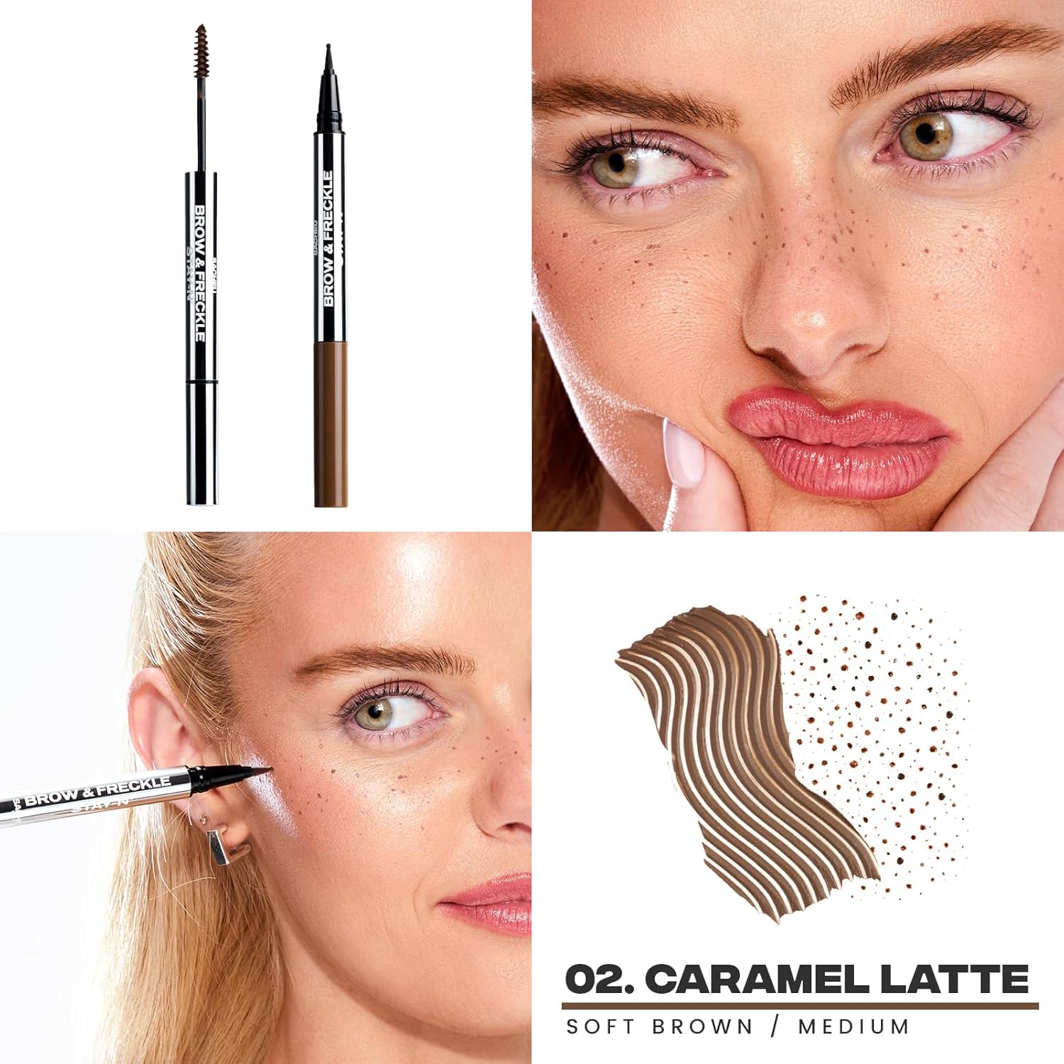 Sacheu dual-ended tool close-up highlighting brow brush and freckle tip