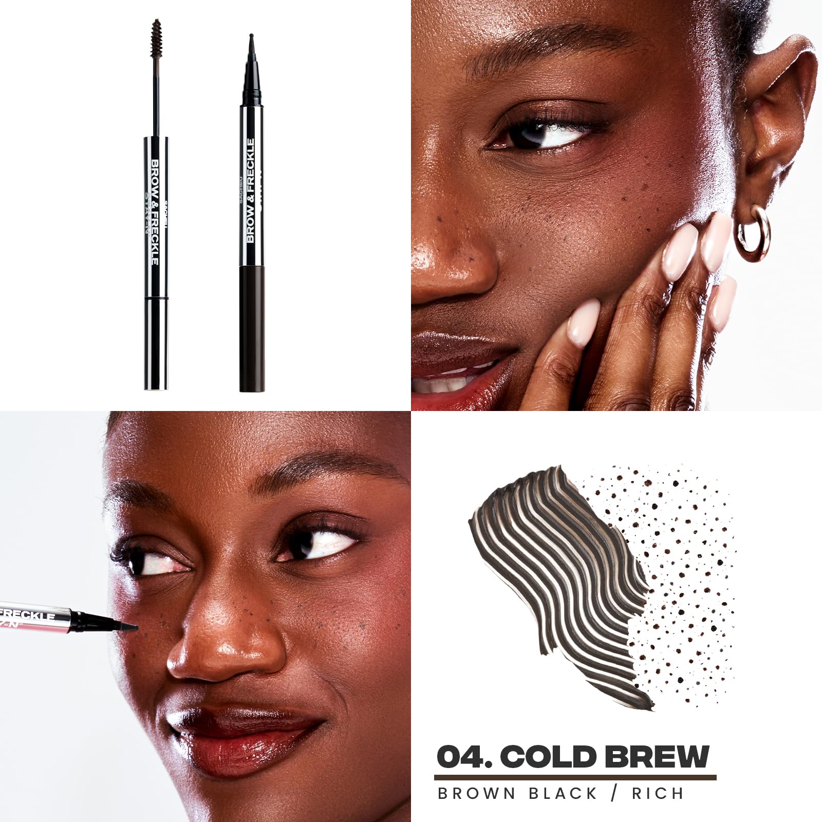 Sacheu close-up of dual-ended brow gel brush and freckle pen for precision