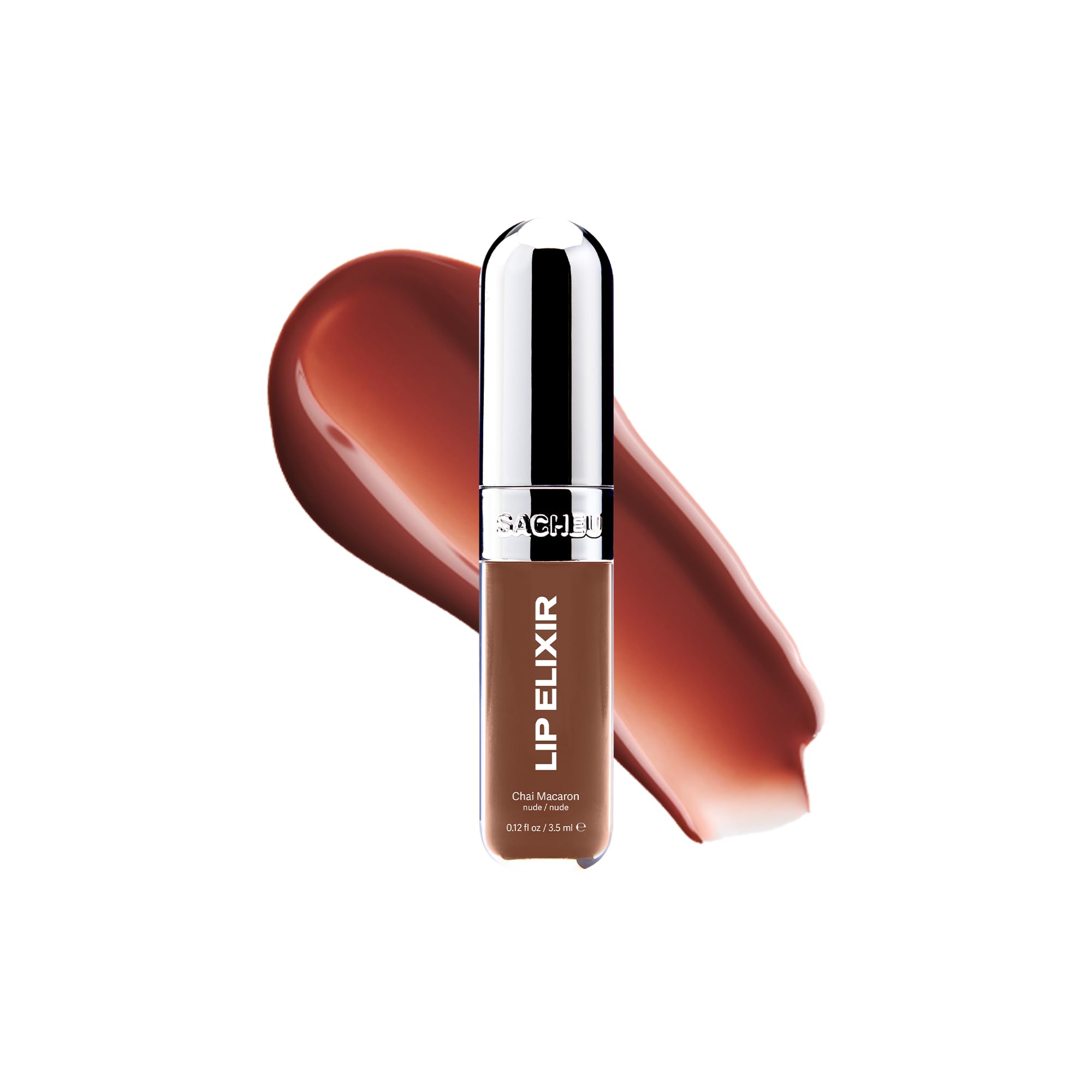 Sacheu Lip Elixir front packaging showing shade and sheen benefits