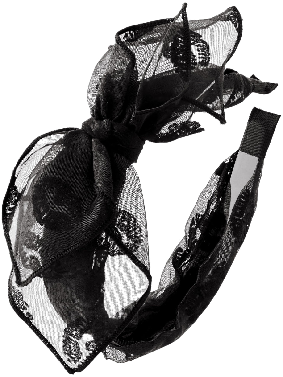 Sacina front view showing black bow headband benefits for instant gothic style