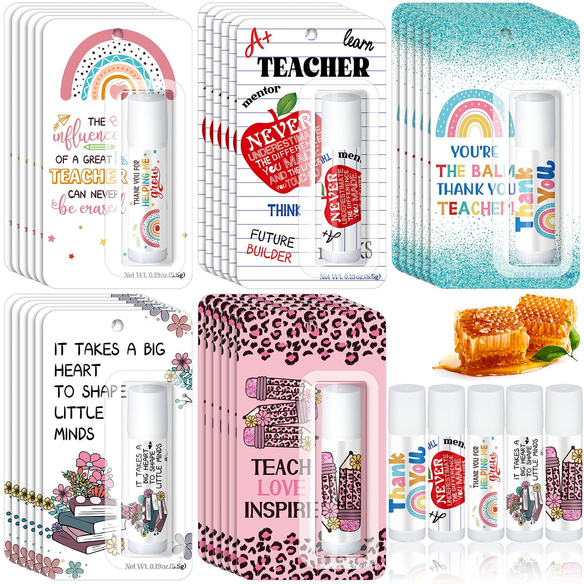 Sacubee front packaging showing five honey lip balms and gift-ready look